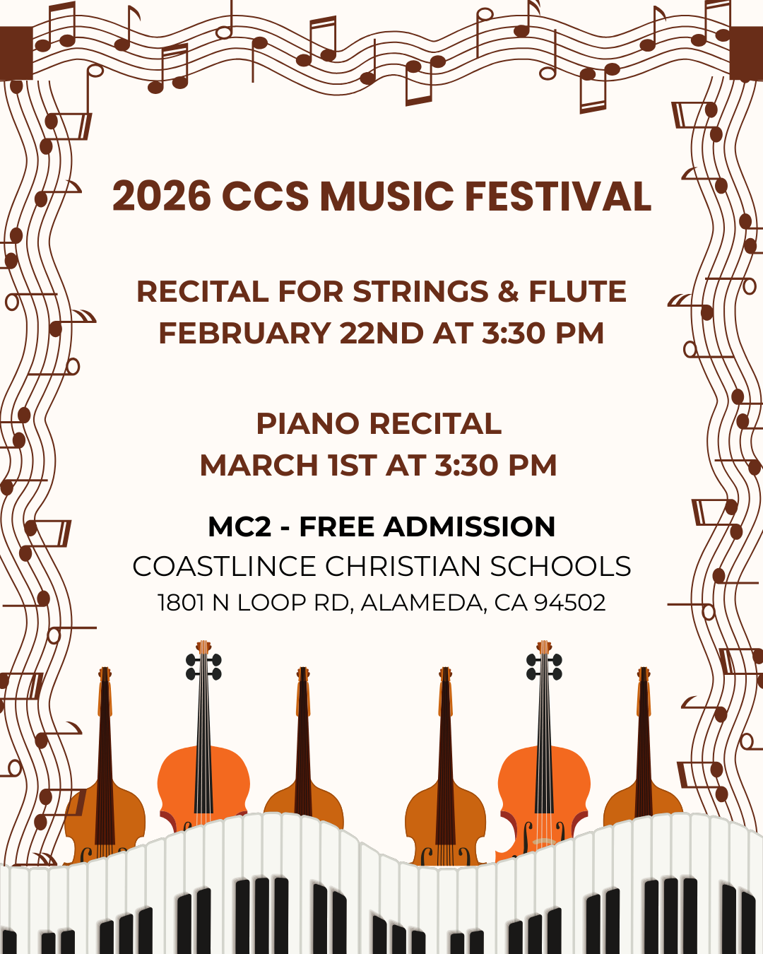 Informational Graphic with musical notes, string instruments, and piano keys