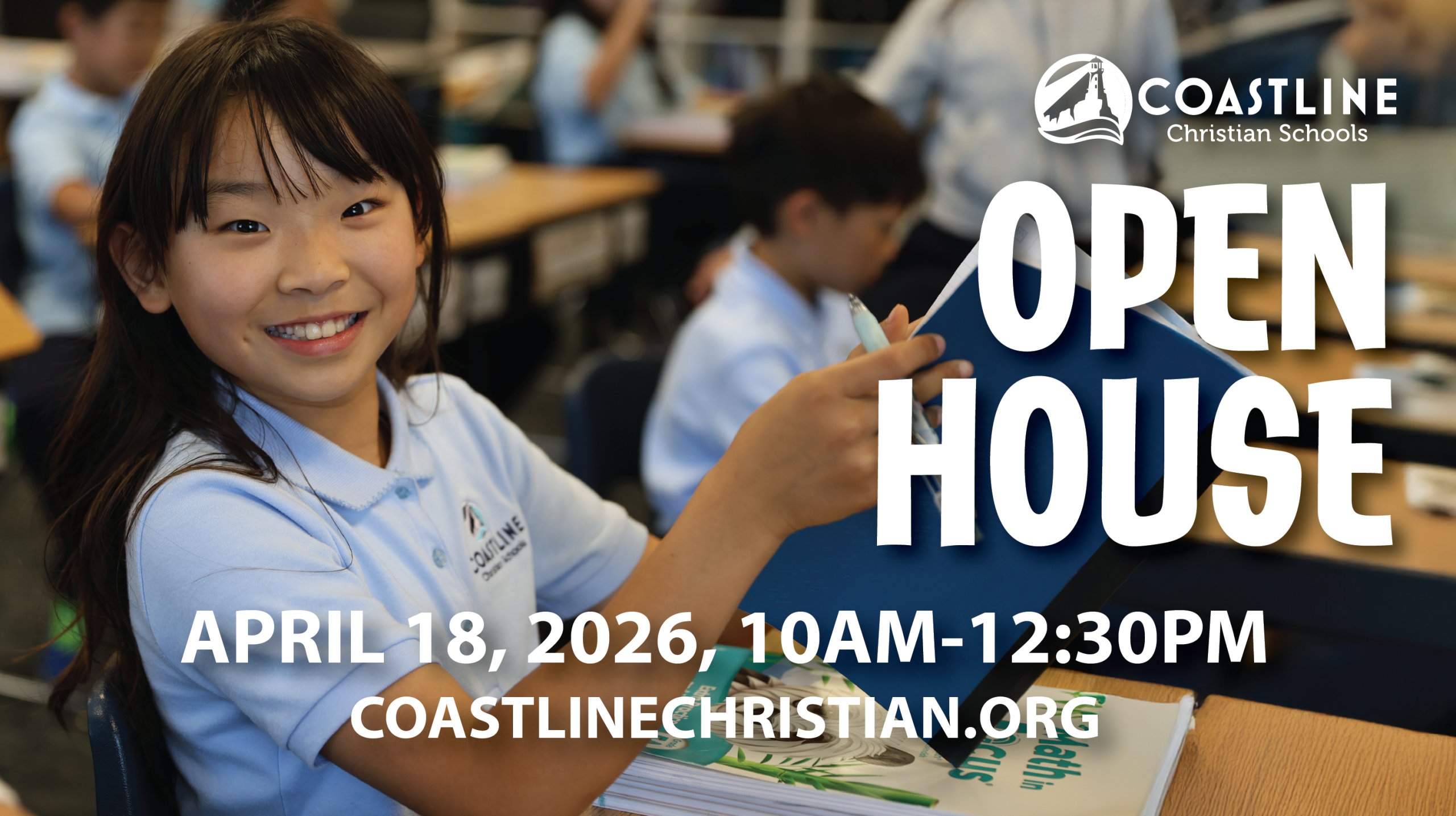 A girl smiling. Open House April 18 10AM-12:30PM